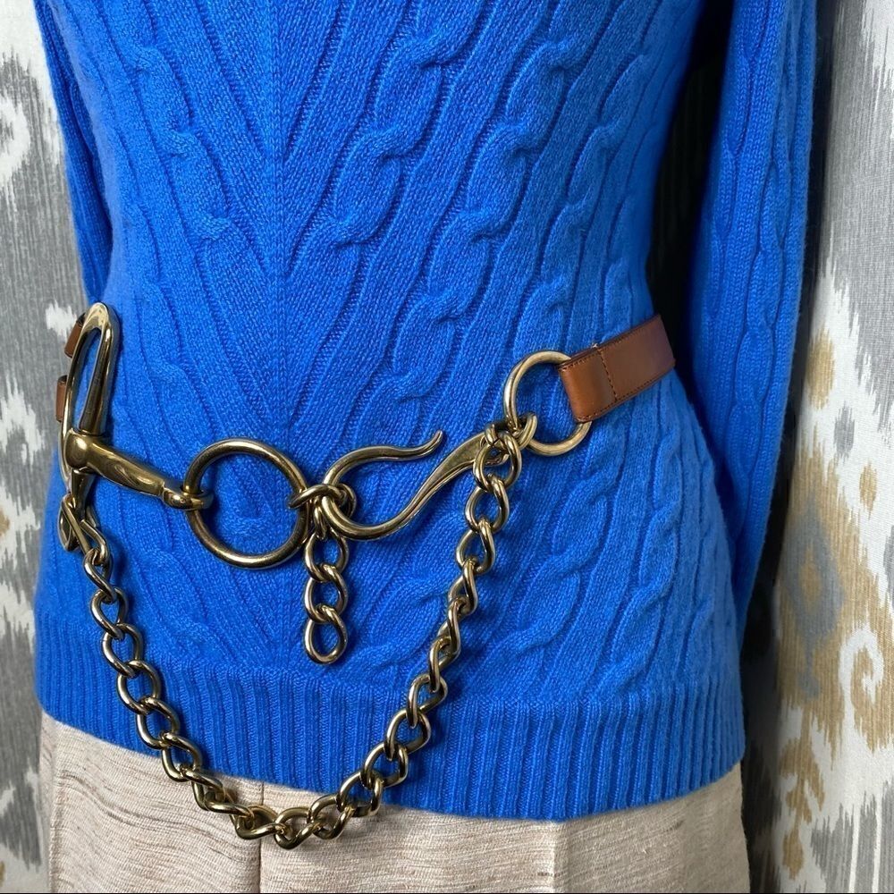Ralph Lauren Blue Cashmere Mitered Cable Knit V-Neck Long Sleeve Sweater - Picture 16 of 16